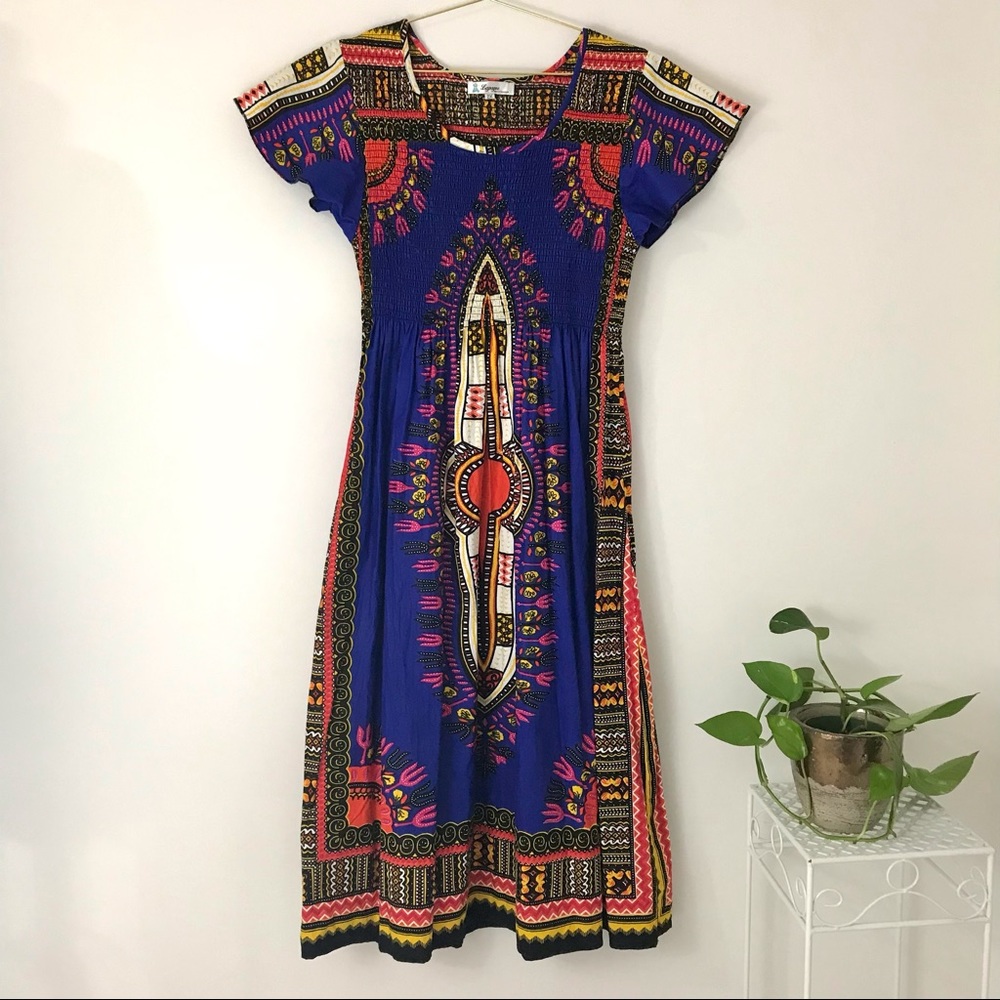 Bold Print Summer Maxi Dress with Shirred Bodice and Short Flutter Sleeves